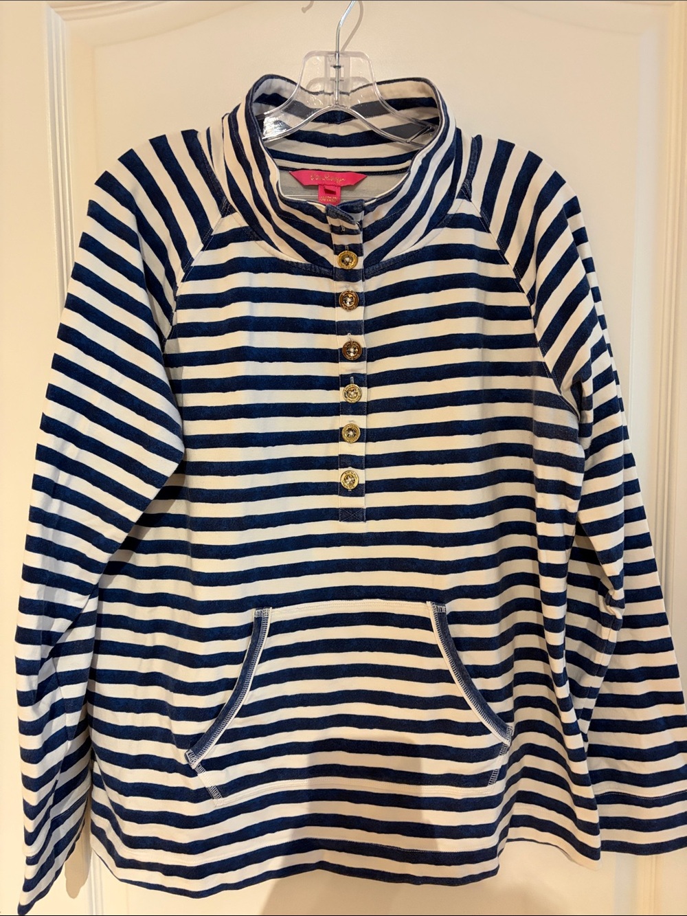 Lilly Pulitzer Navy & White Striped Top with gold buttons